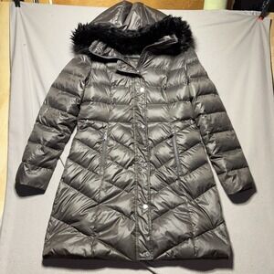 Lauren Ralph Lauren Long Puffer Coat Women Sz M Taupe Down Feather Faux Fur Hood